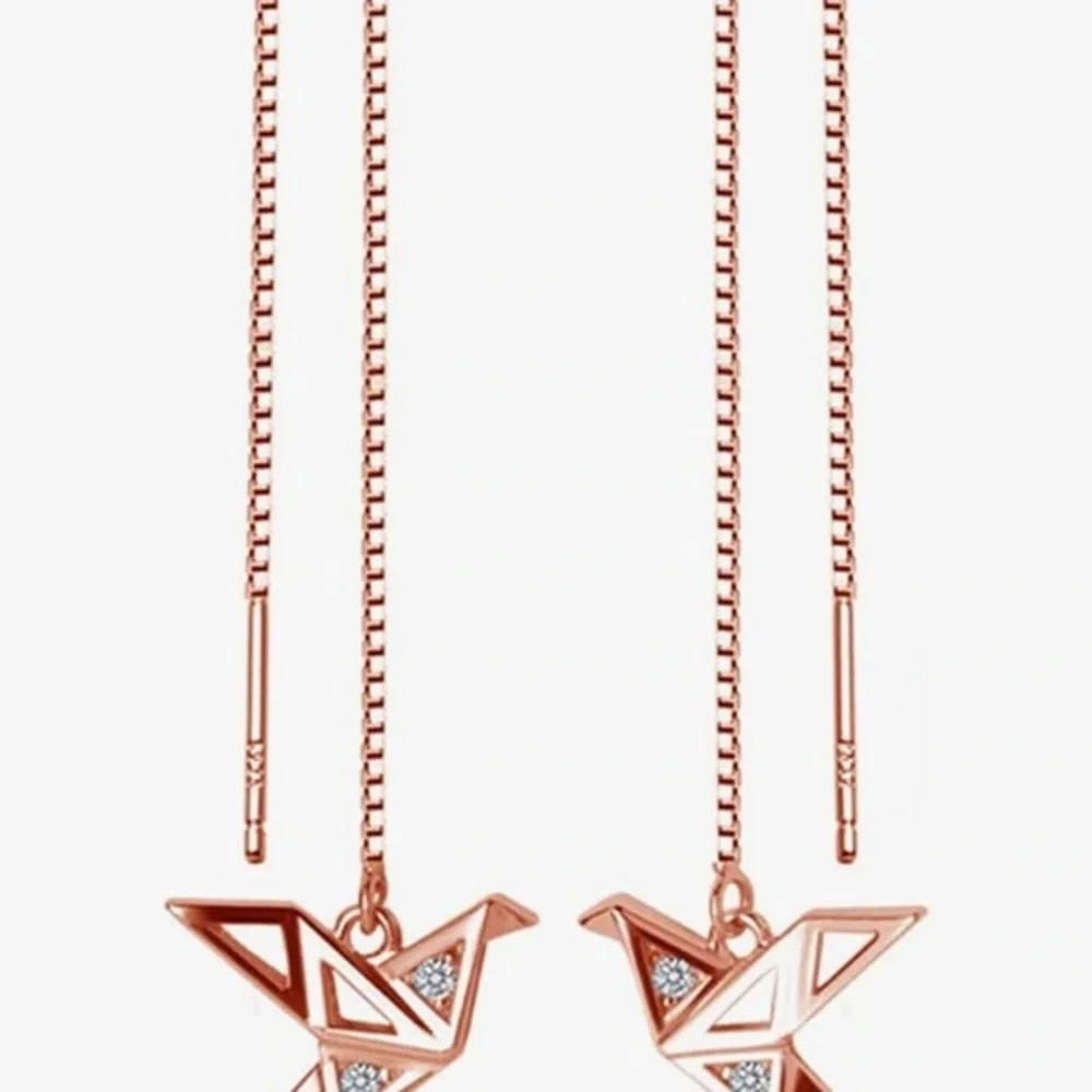 Origami Crane Bird Rose Gold Threader Earrings Delicate Long Chain Tassel - Picture 6 of 10